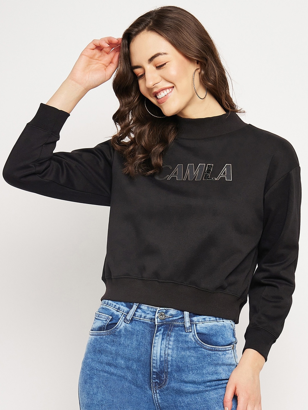 

CAMLA Typography Printed Cotton Pullover Crop Sweatshirt, Black