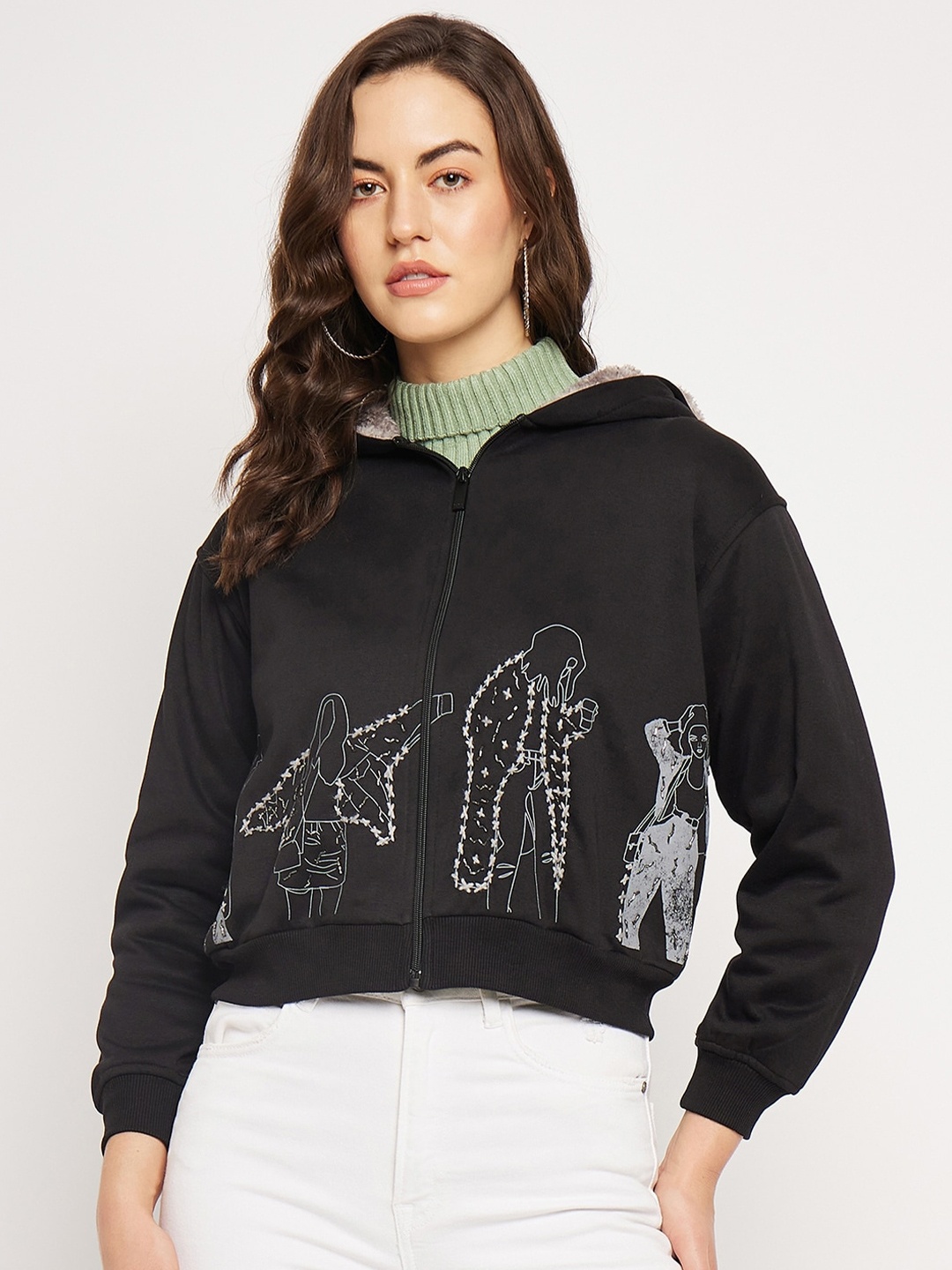 

CAMLA Graphic Printed Hooded Cotton Crop Sweatshirt, Black