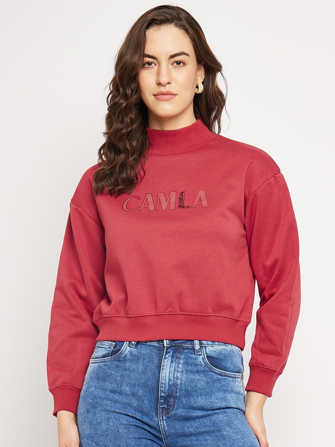 

CAMLA Typography Printed Cotton Pullover Crop Sweatshirt, Coral
