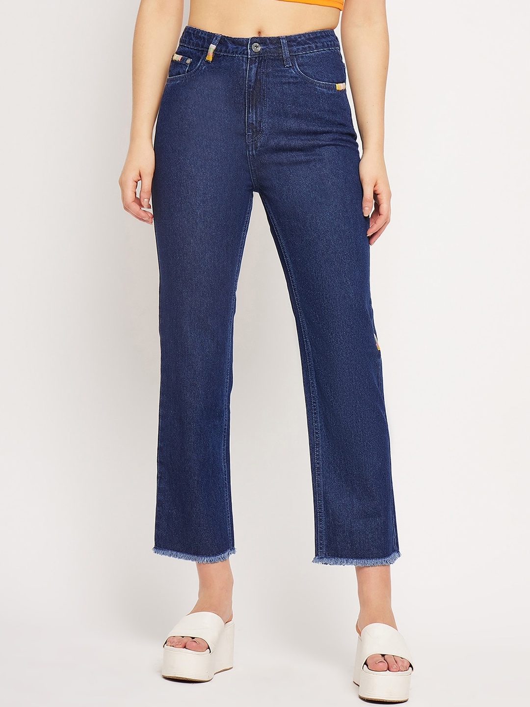 

CAMLA Women Cotton Flared Cropped Jeans, Blue