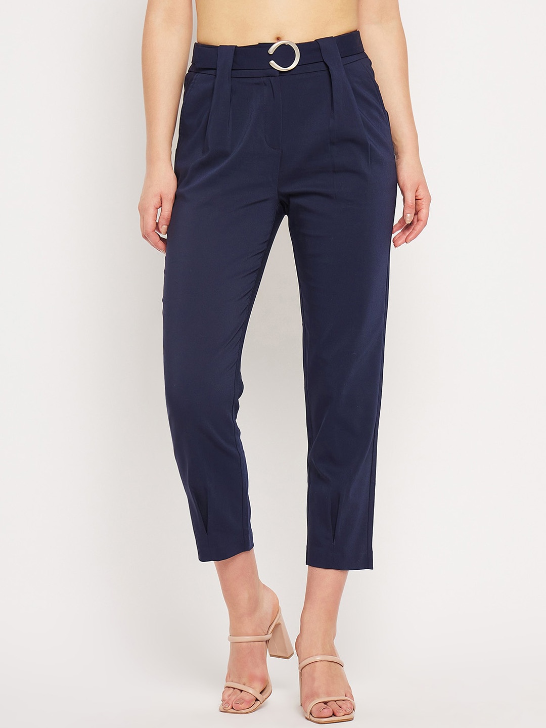 

CAMLA Women Pleated Cotton Peg Trousers, Navy blue