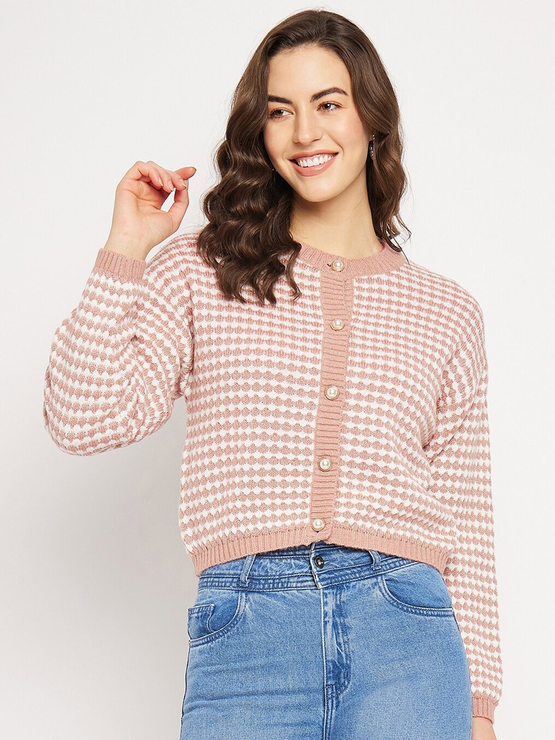 

CAMLA Self Design Acrylic Crop Cardigan, Peach