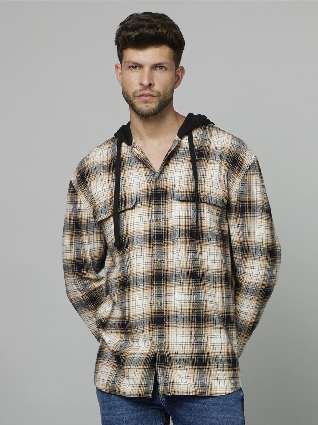 

Celio Classic Tartan Checked Hooded Cotton Casual Shirt, Off white