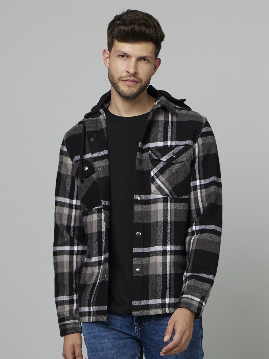 

Celio Classic Tartan Checked Detachable Hooded Cotton Casual Shirt, Black