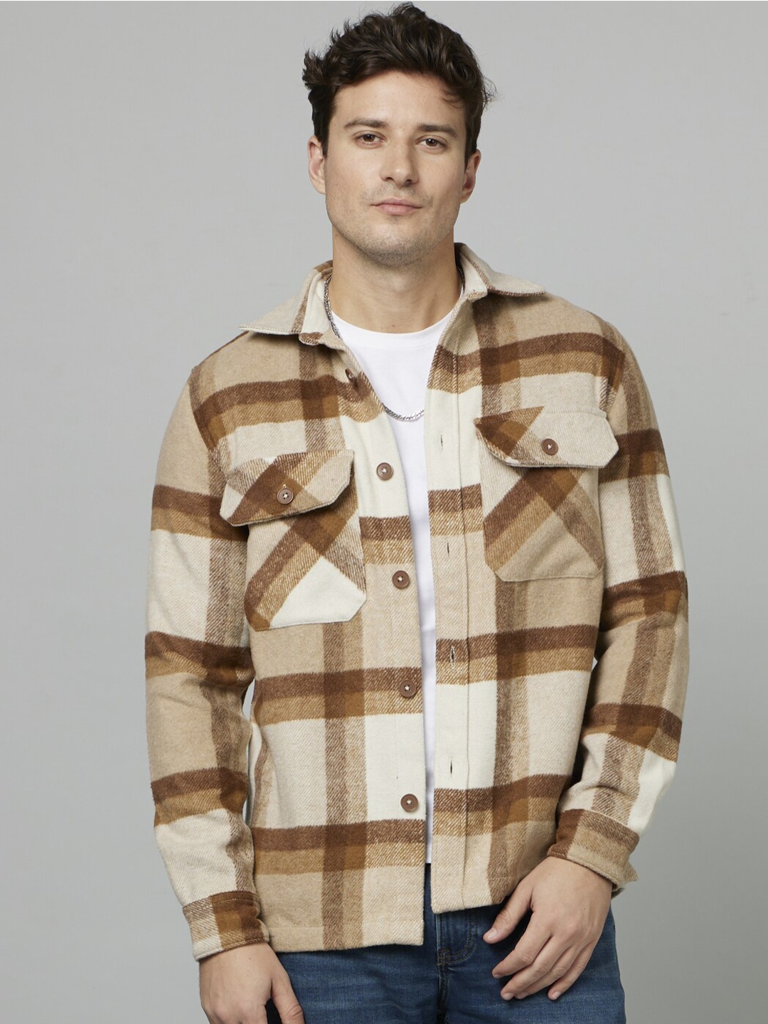 

Celio Classic Tartan Checked Opaque Shacket, Beige