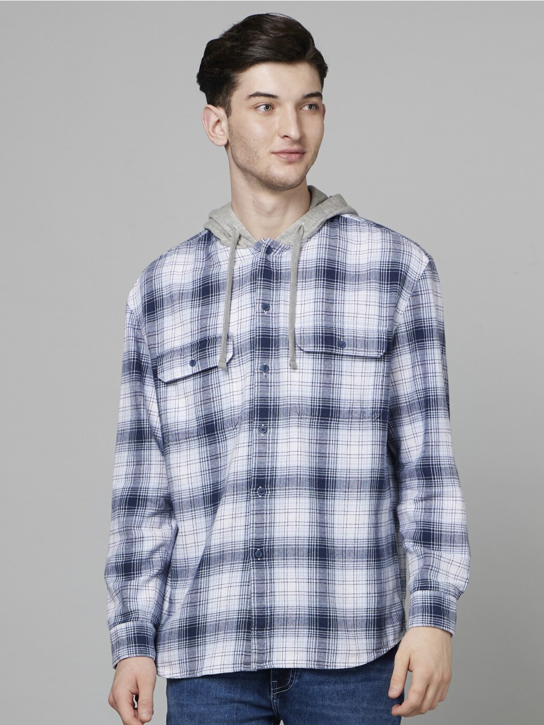 

Celio Classic Tartan Checked Hooded Cotton Casual Shirt, Blue