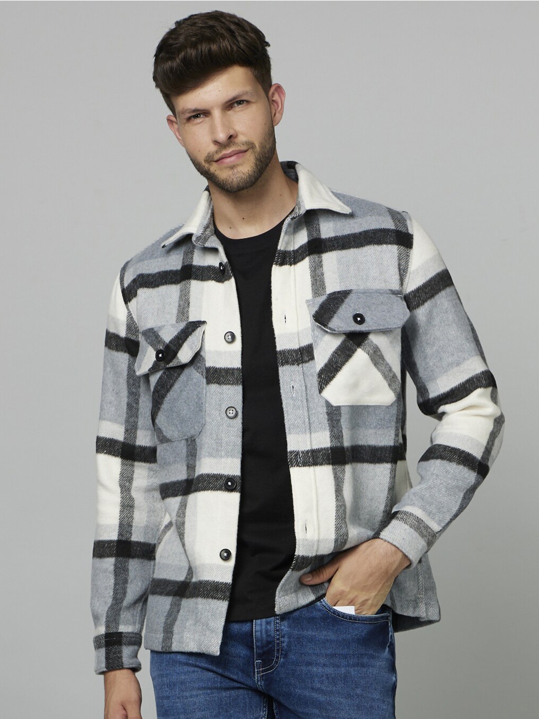 

Celio Classic Tartan Checked Opaque Shacket, Grey