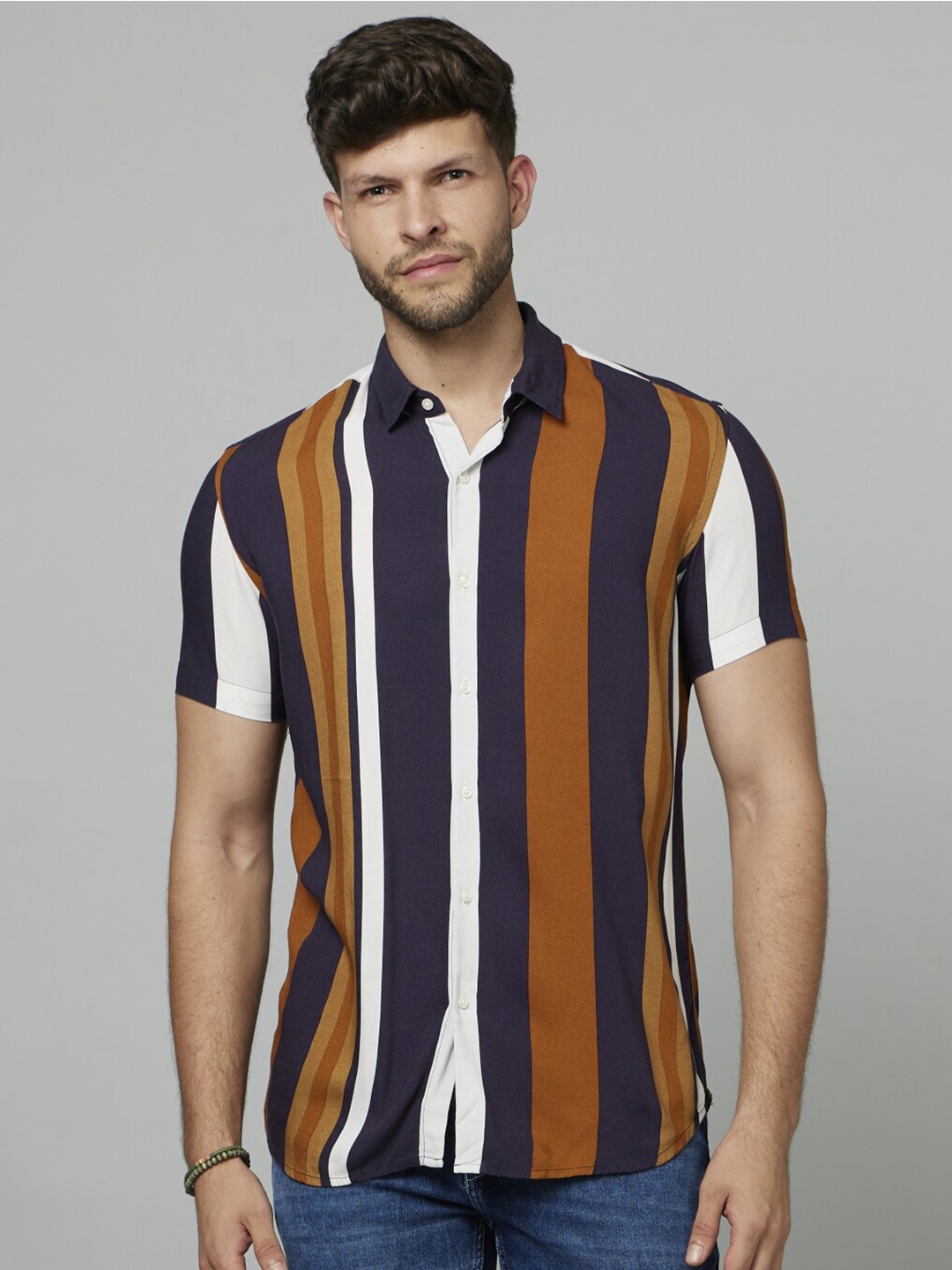 

Celio Classic Spread Collar Striped Casual Shirt, Mustard