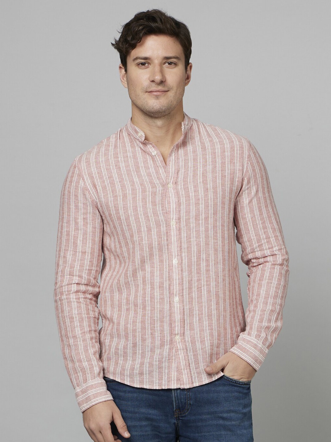 

Celio Classic Striped Mandarin Collar Cotton Casual Shirt, Pink