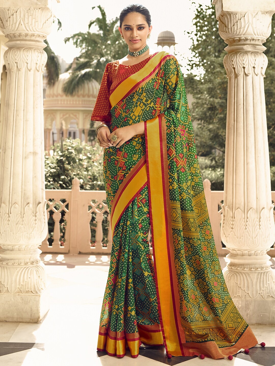 

Anouk Green & Red Bandhani Printed Pure Georgette Saree