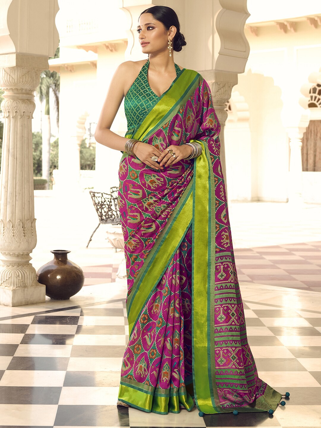 

Anouk Ethnic Motifs Zari Pure Georgette Patola Saree, Pink