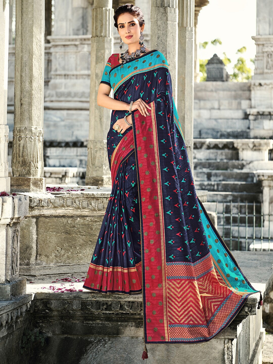 

Anouk Navy Blue & Red Bagh Printed Block Print Saree