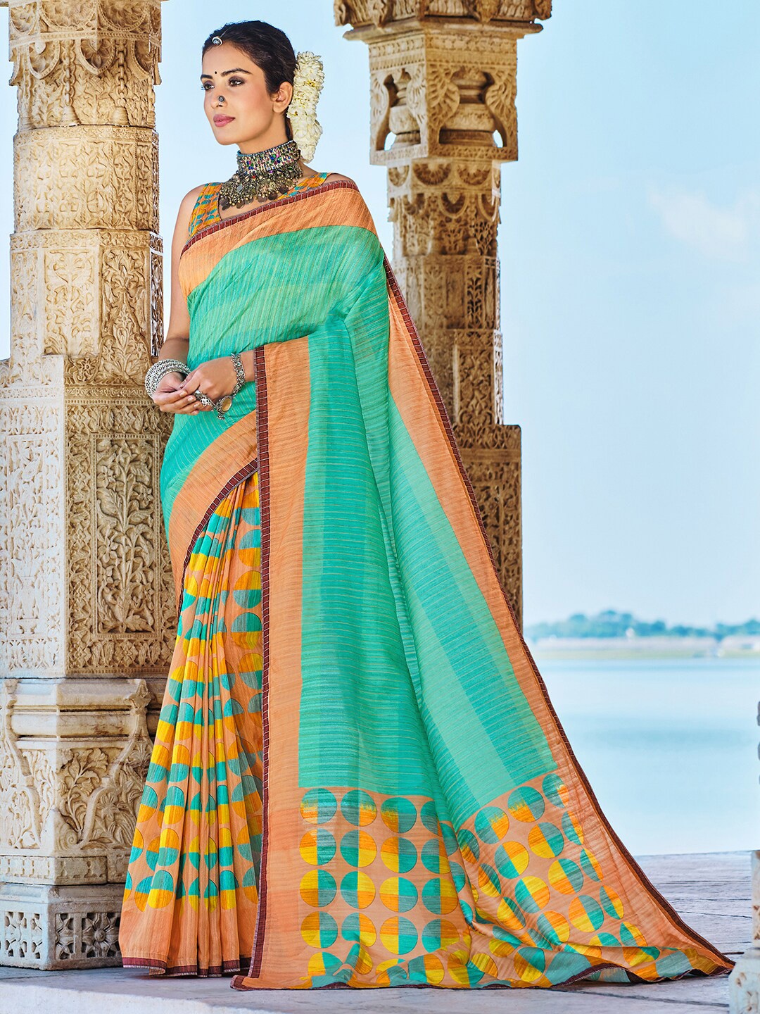 

Anouk Blue & Yellow Striped Saree