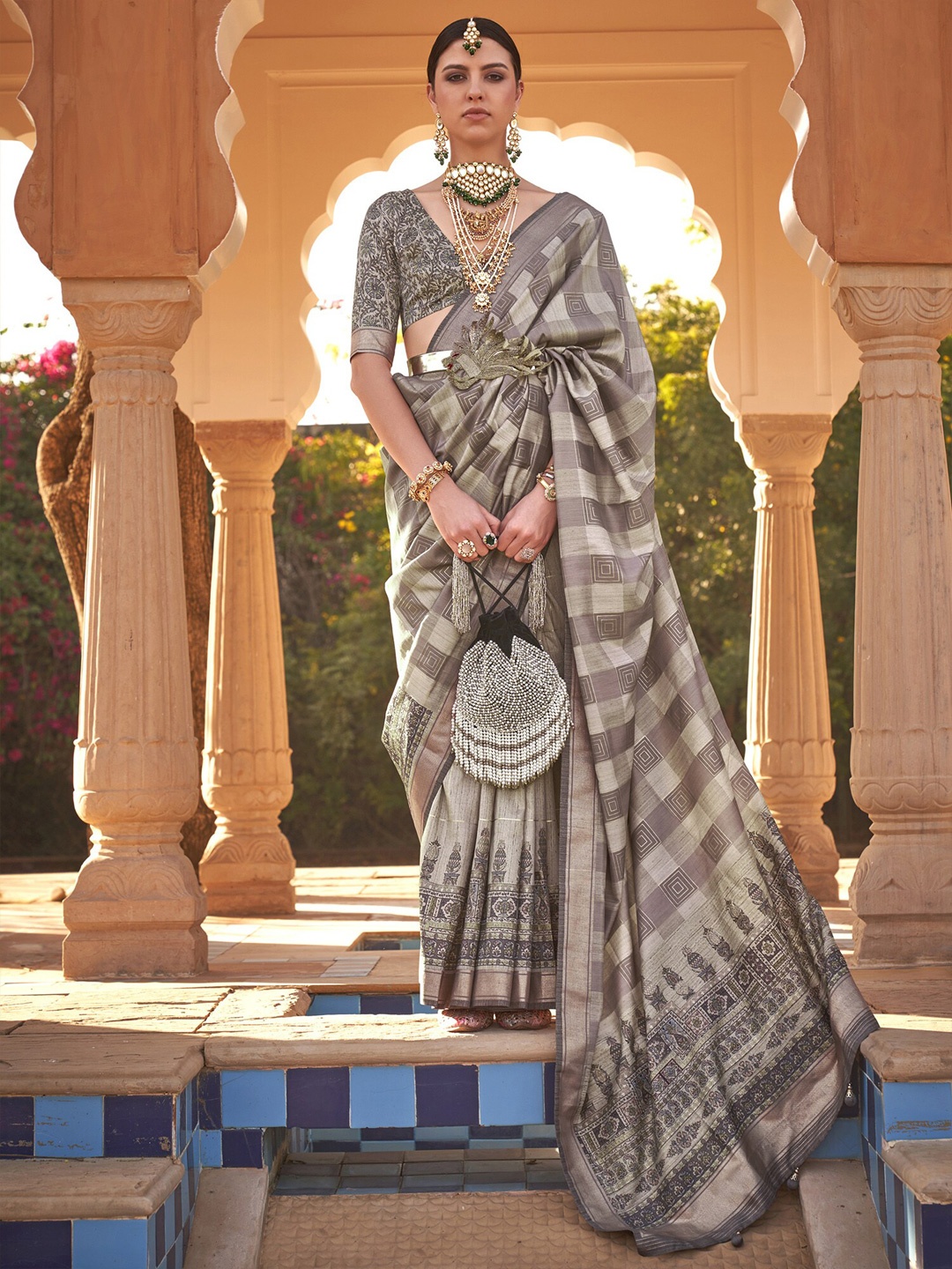 

Anouk Ethnic Motifs Woven Design Silk Blend Bagh Saree, Grey