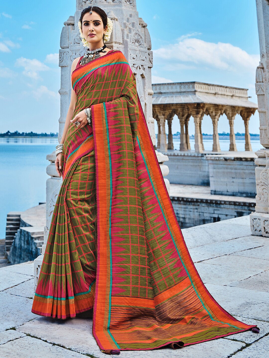 

Anouk Green & Orange Checked Saree