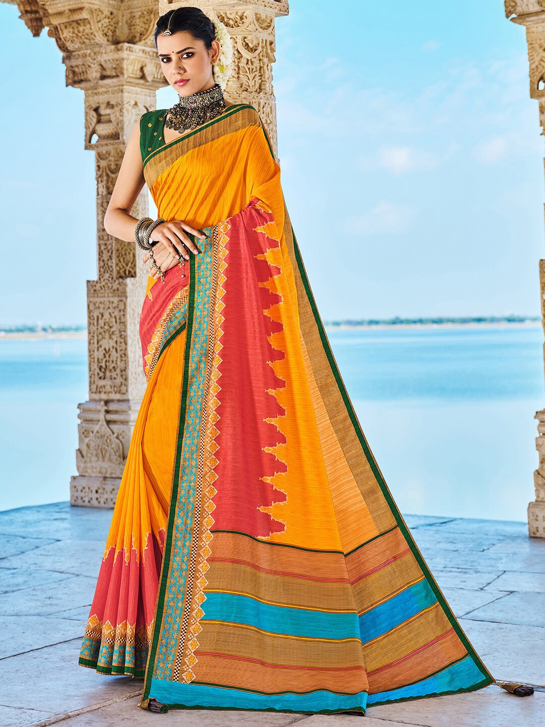 

Anouk Yellow & Green Block Print Saree