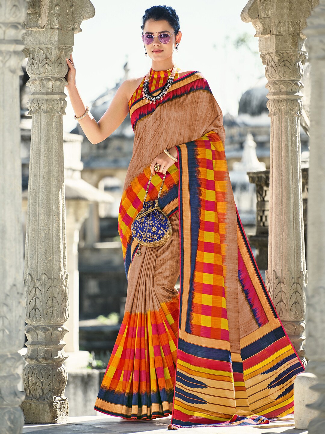 

Anouk Cream-Coloured & Blue Checked Saree