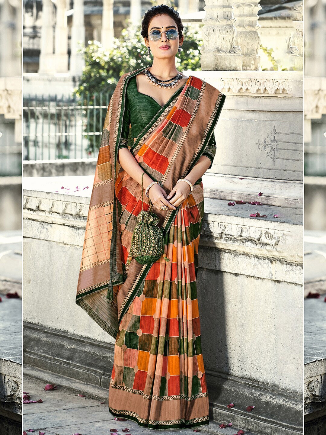 

Anouk Beige & Red Checked Block Print Saree