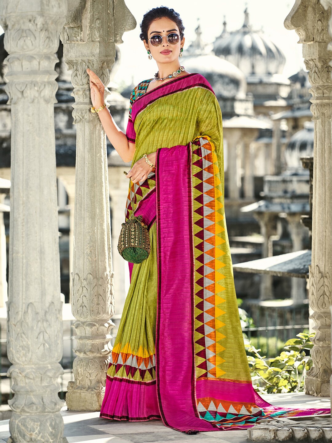 

Anouk Olive Green & Magenta Block Print Saree