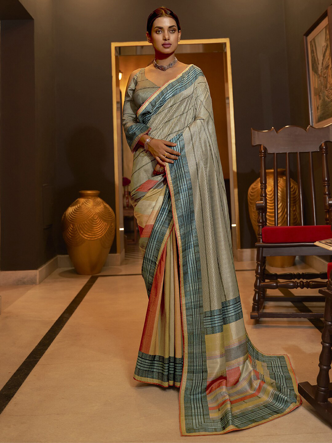 

Anouk Striped Silk Blend Saree, White