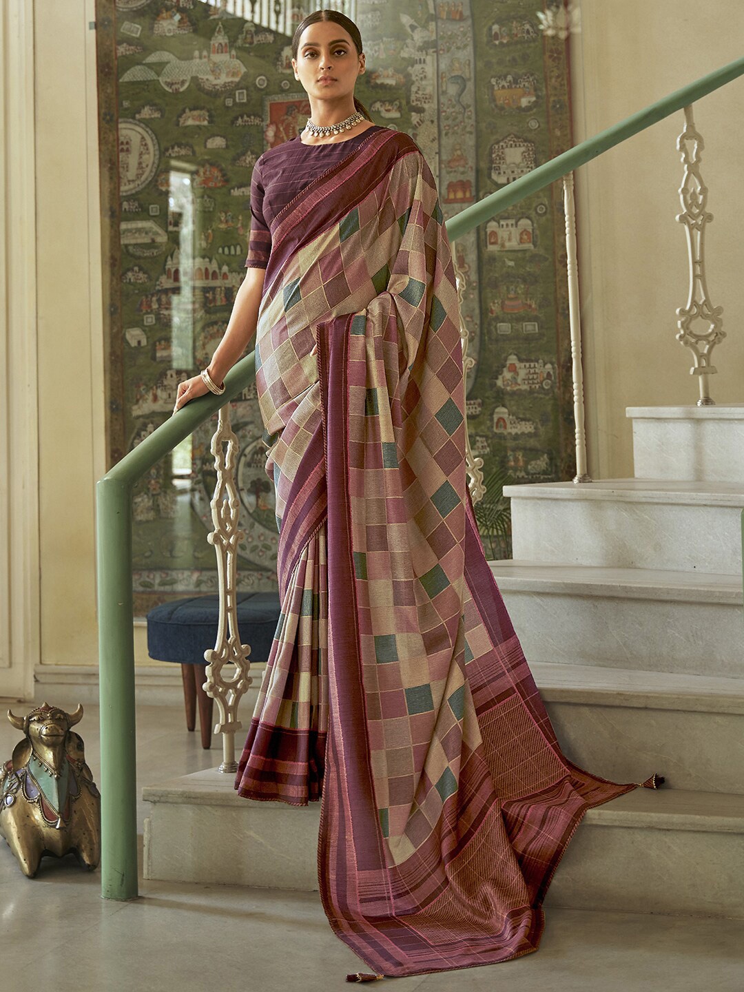 

Anouk Mauve & Green Checked Saree