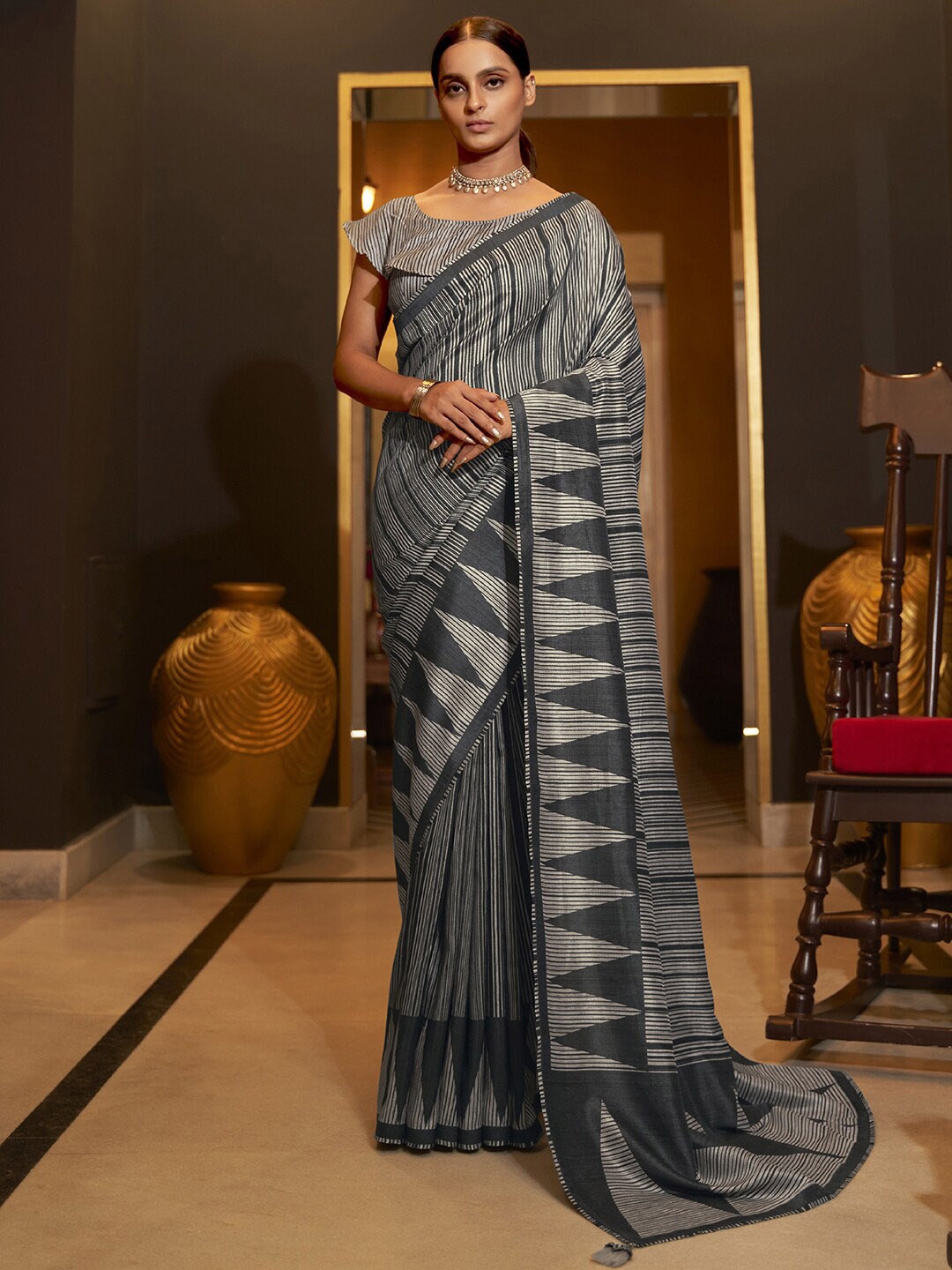 

Anouk Striped Silk Blend Saree, Black