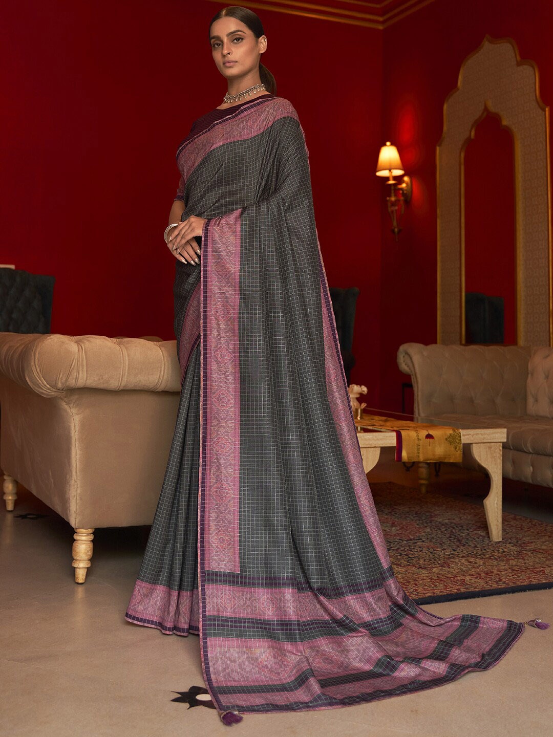 

Anouk Black & Pink Checked Saree