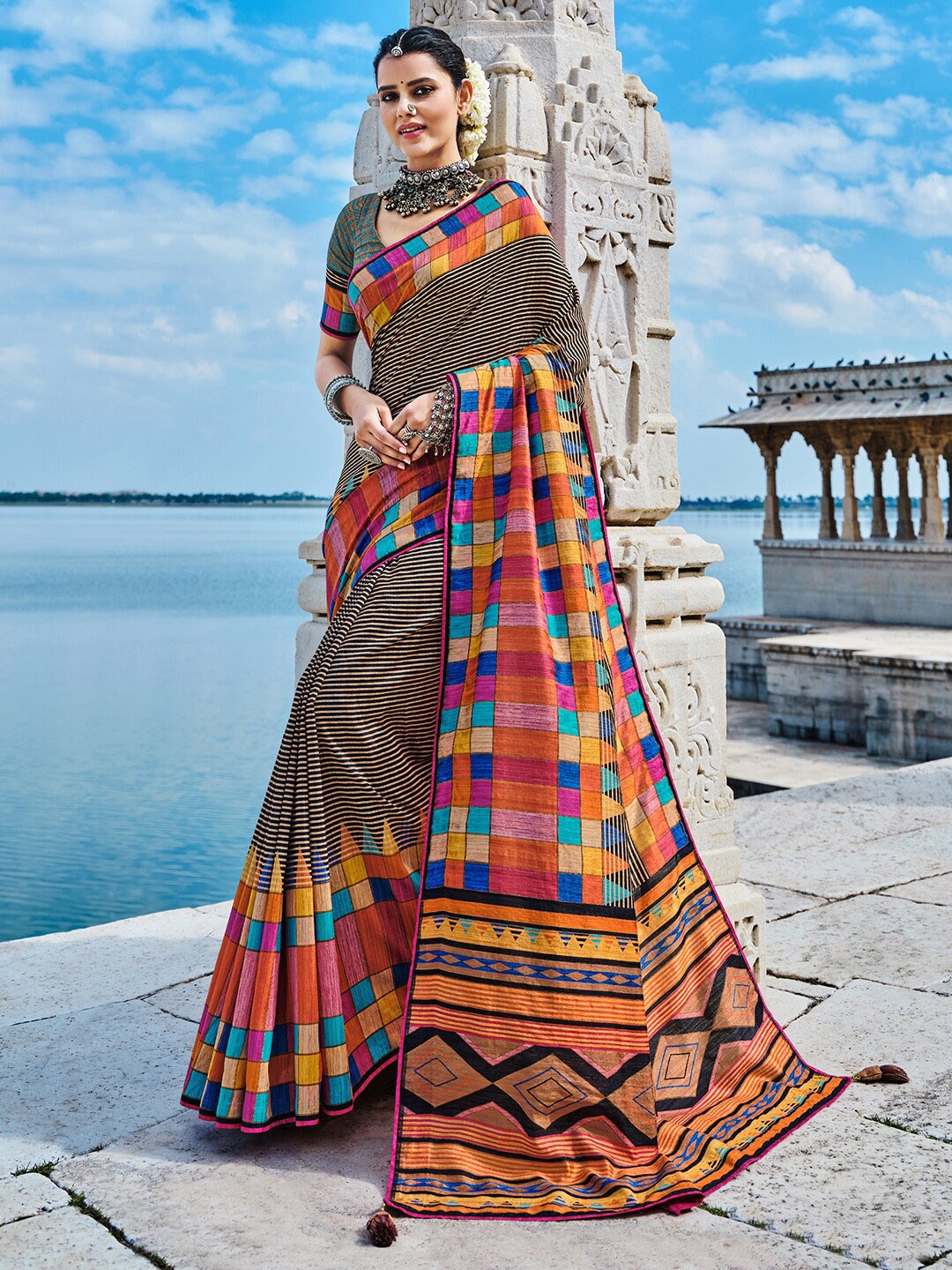 

Anouk Black & Mustard Striped Block Print Saree