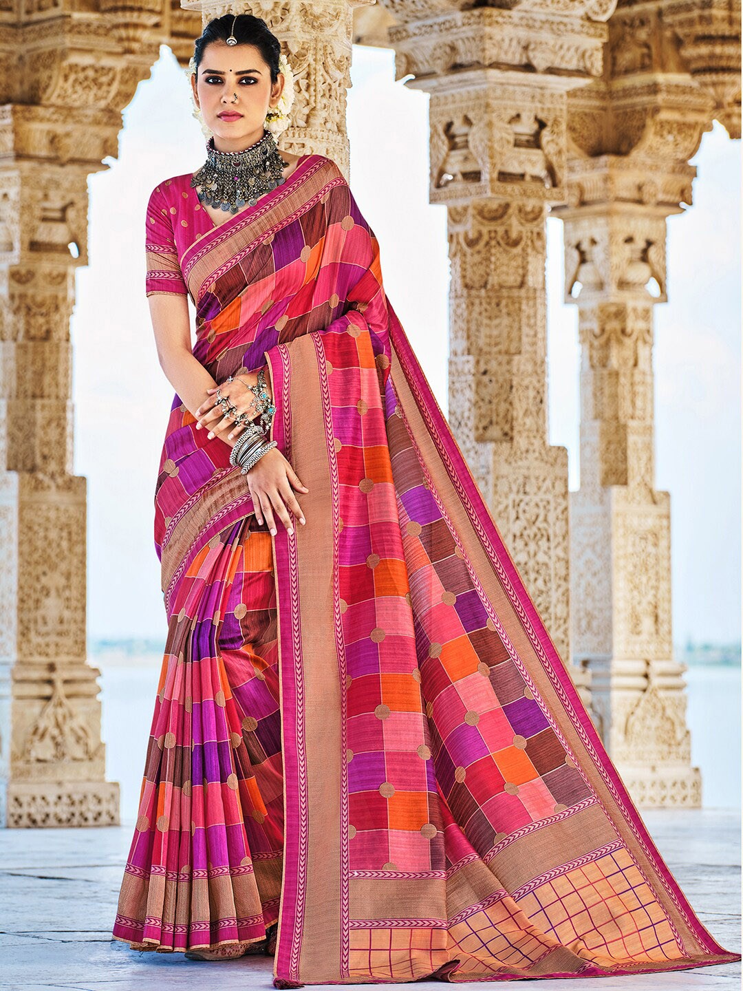 

Anouk Checked Silk Blend Saree, Pink