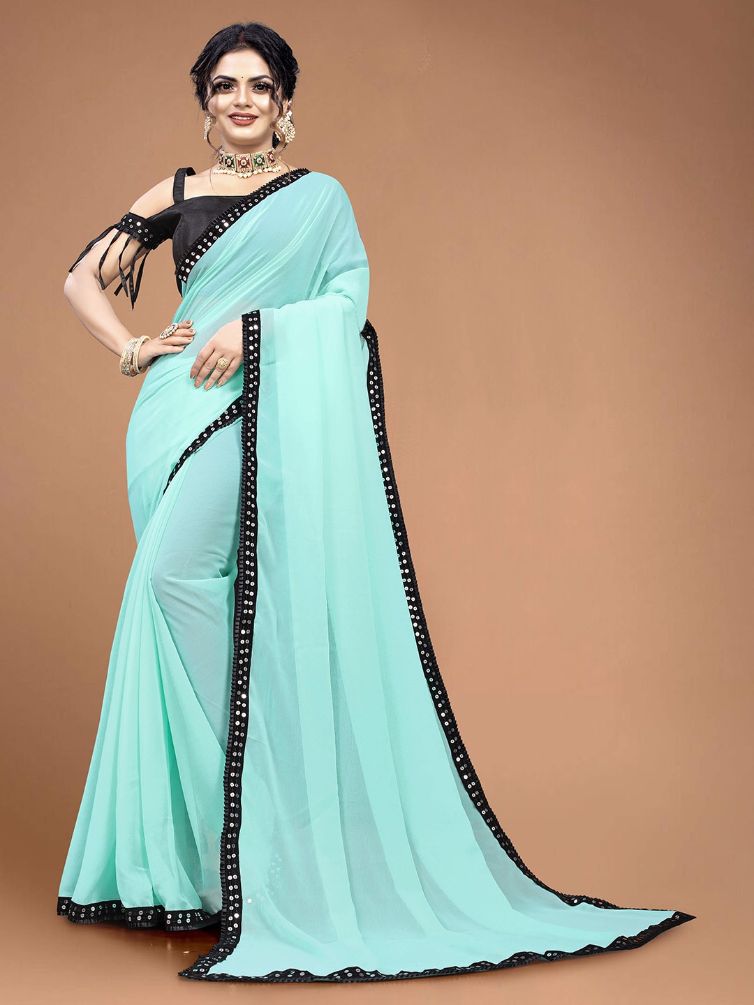 

MAGMINA Sequinned Pure Georgette Saree, Turquoise blue