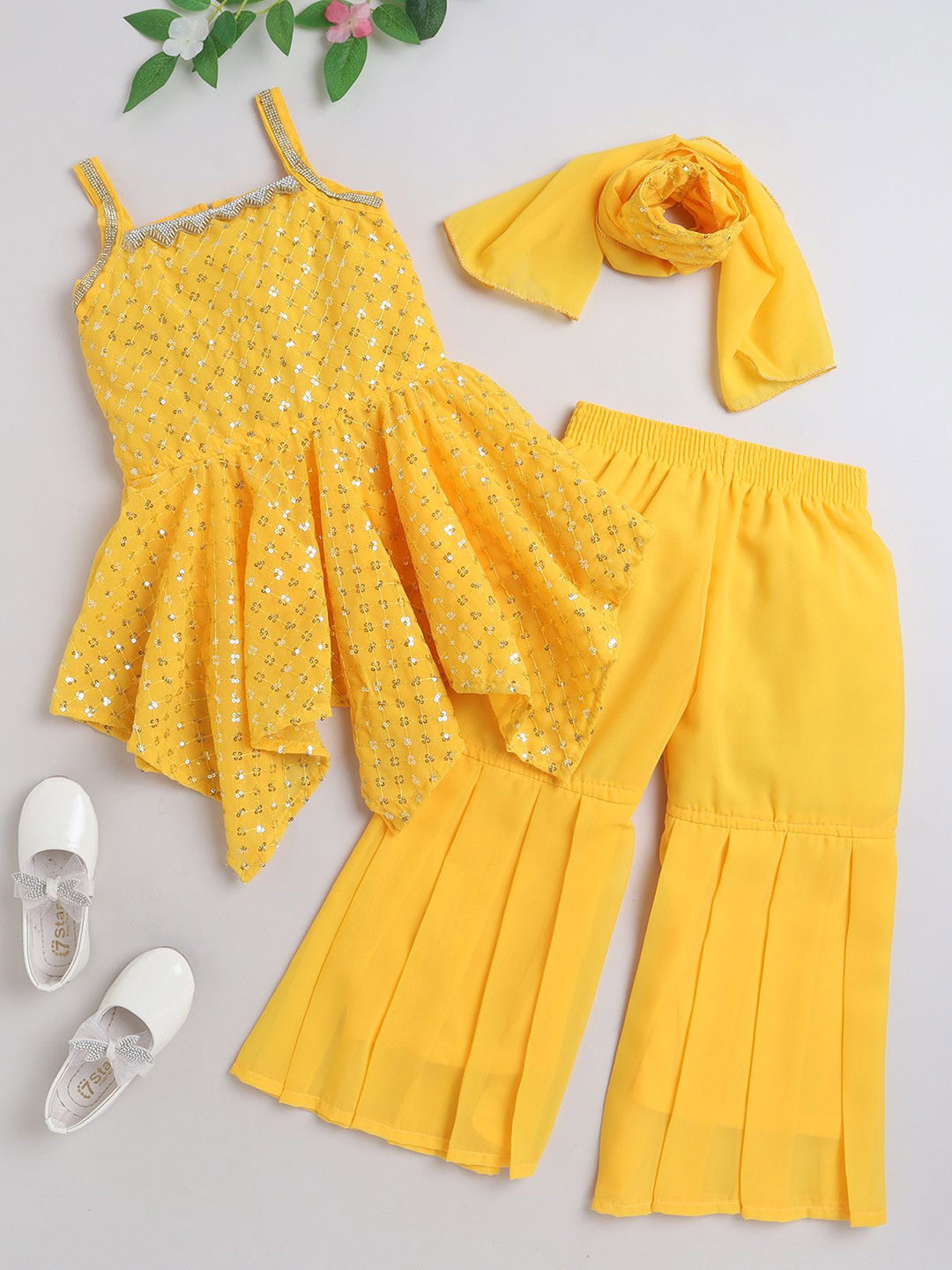 

MANY FROCKS & Girls Ethnic Motifs Embroidered Sequinned Kurta with Sharara & With Dupatta, Yellow
