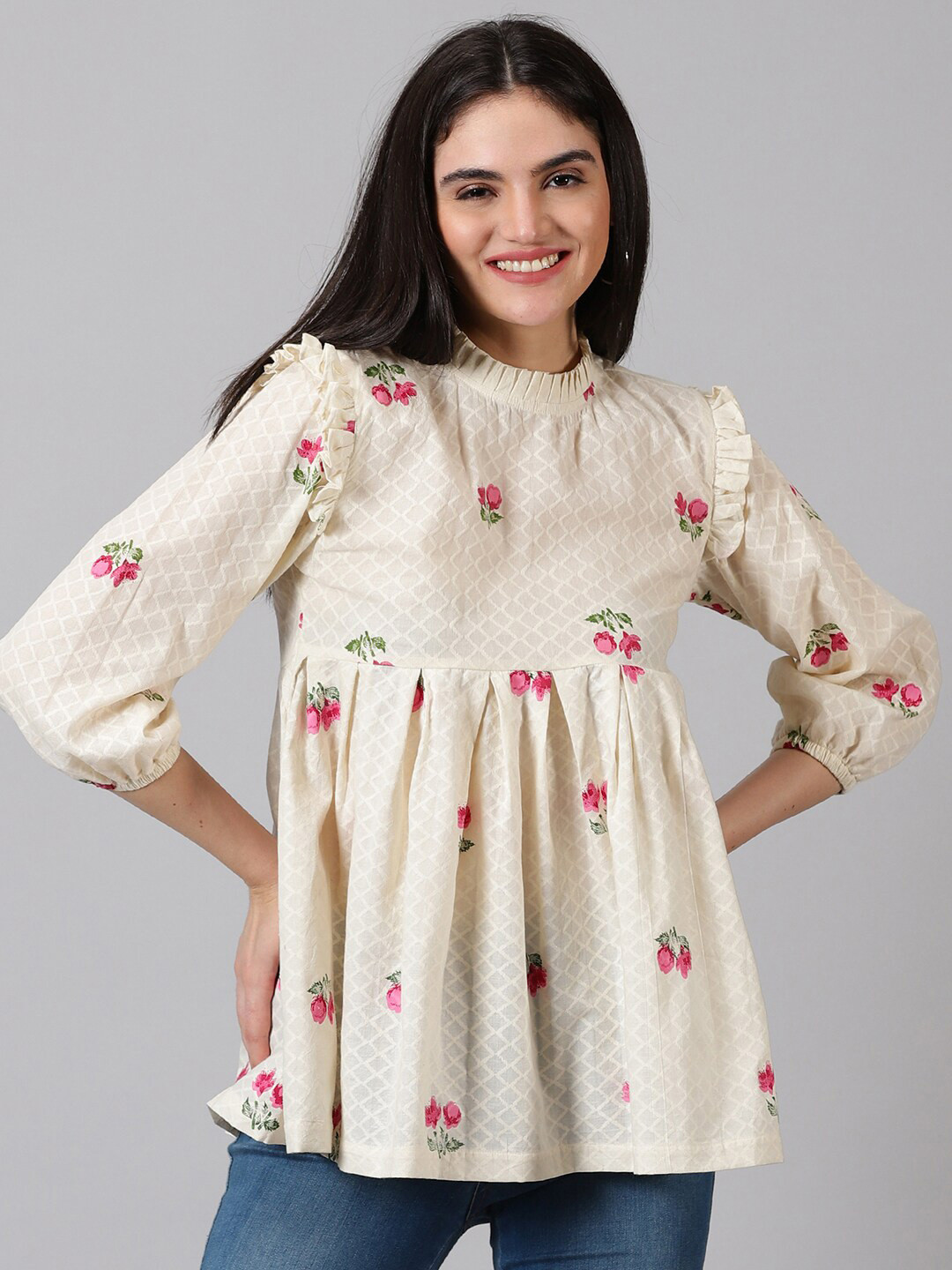 

Jilmil Floral Print Cotton Empire Top, Off white