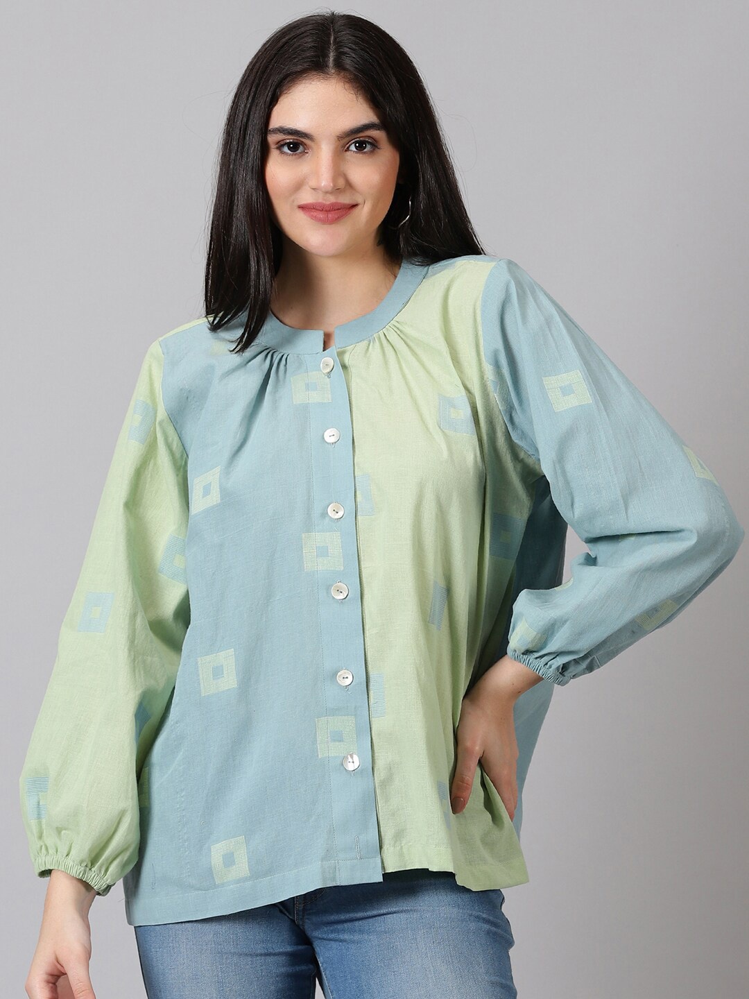 

Jilmil Geometric Printed Puff Sleeves Cotton Shirt Style Top, Green