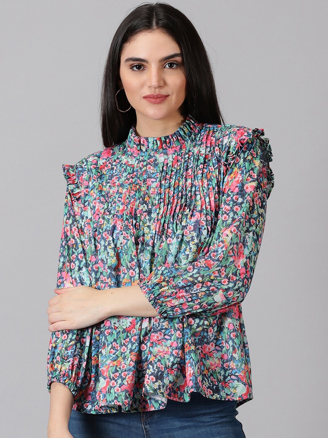 

Jilmil Floral Print High Neck Cotton Peplum Top, Green