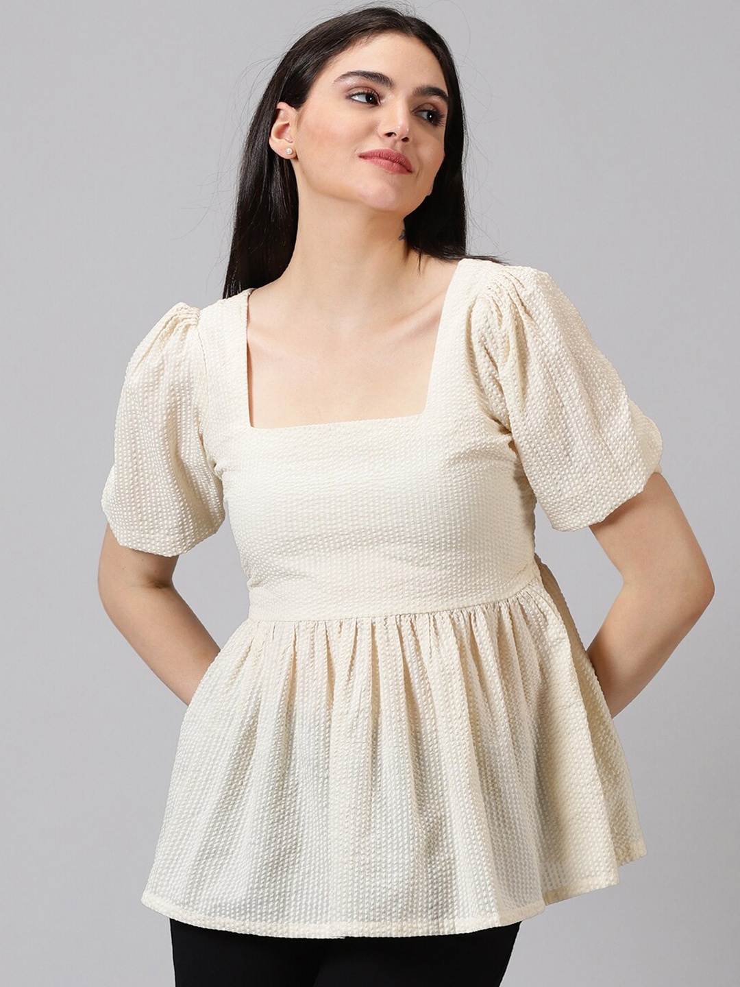 

Jilmil Self Design Square Neck Cotton Peplum Top, Off white
