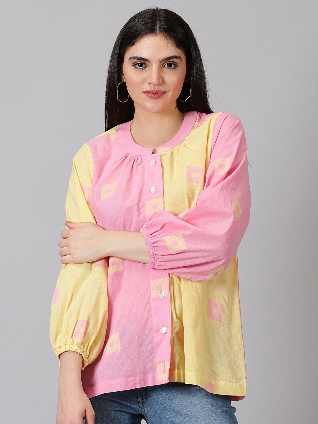 

Jilmil Geometric Printed Puff Sleeves Cotton Shirt Style Top, Pink