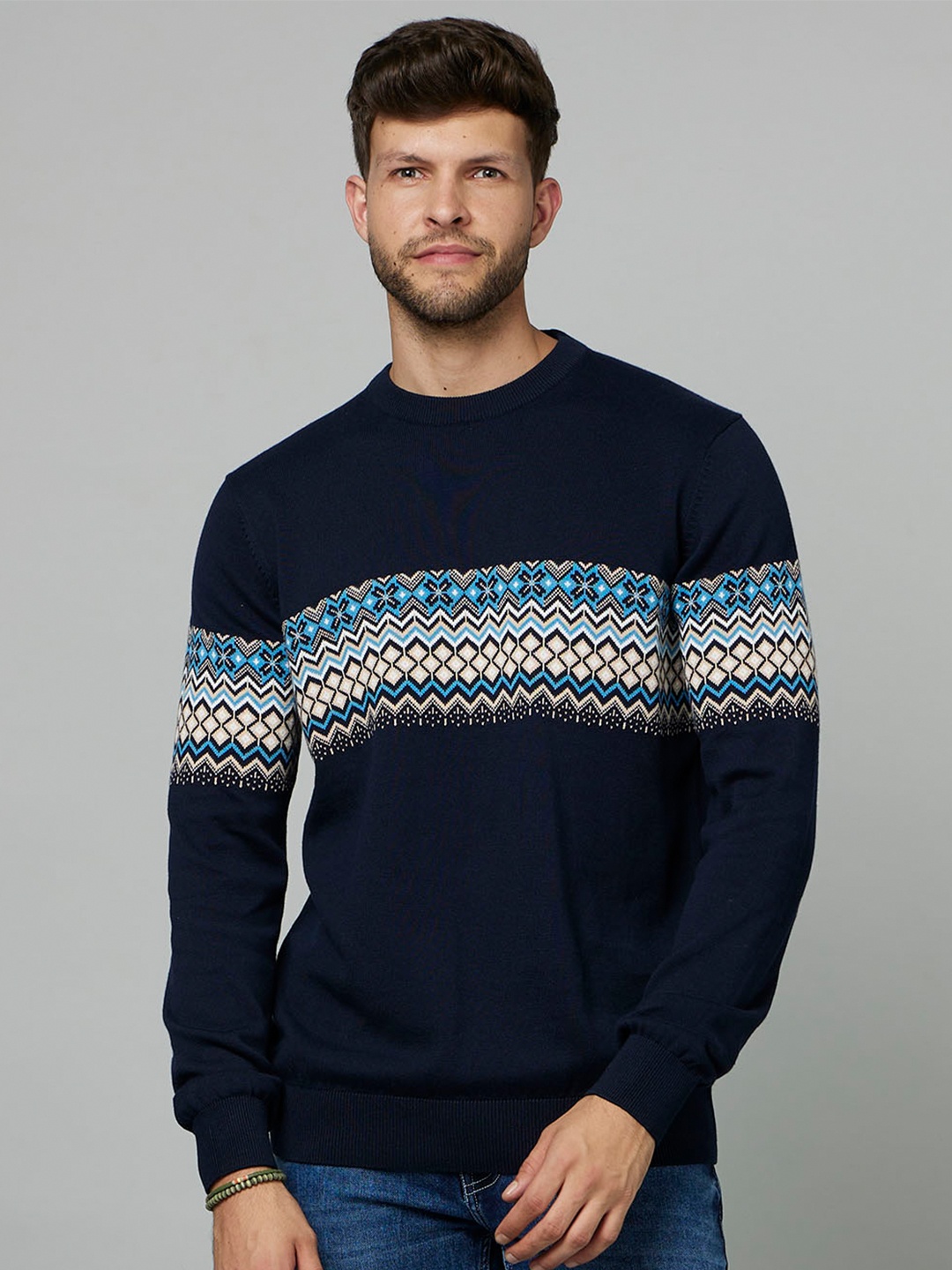 

Celio Fair Isle Self Design Cotton Pullover, Navy blue