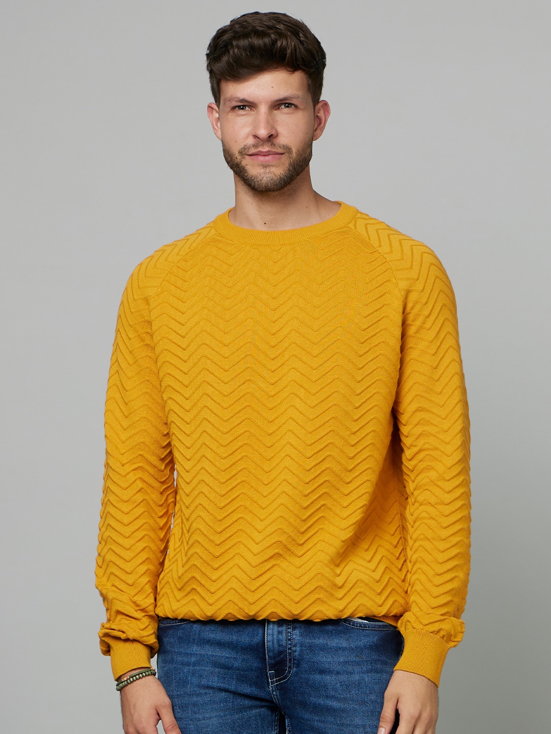 

Celio Chevron Self Design Cotton Pullover, Yellow