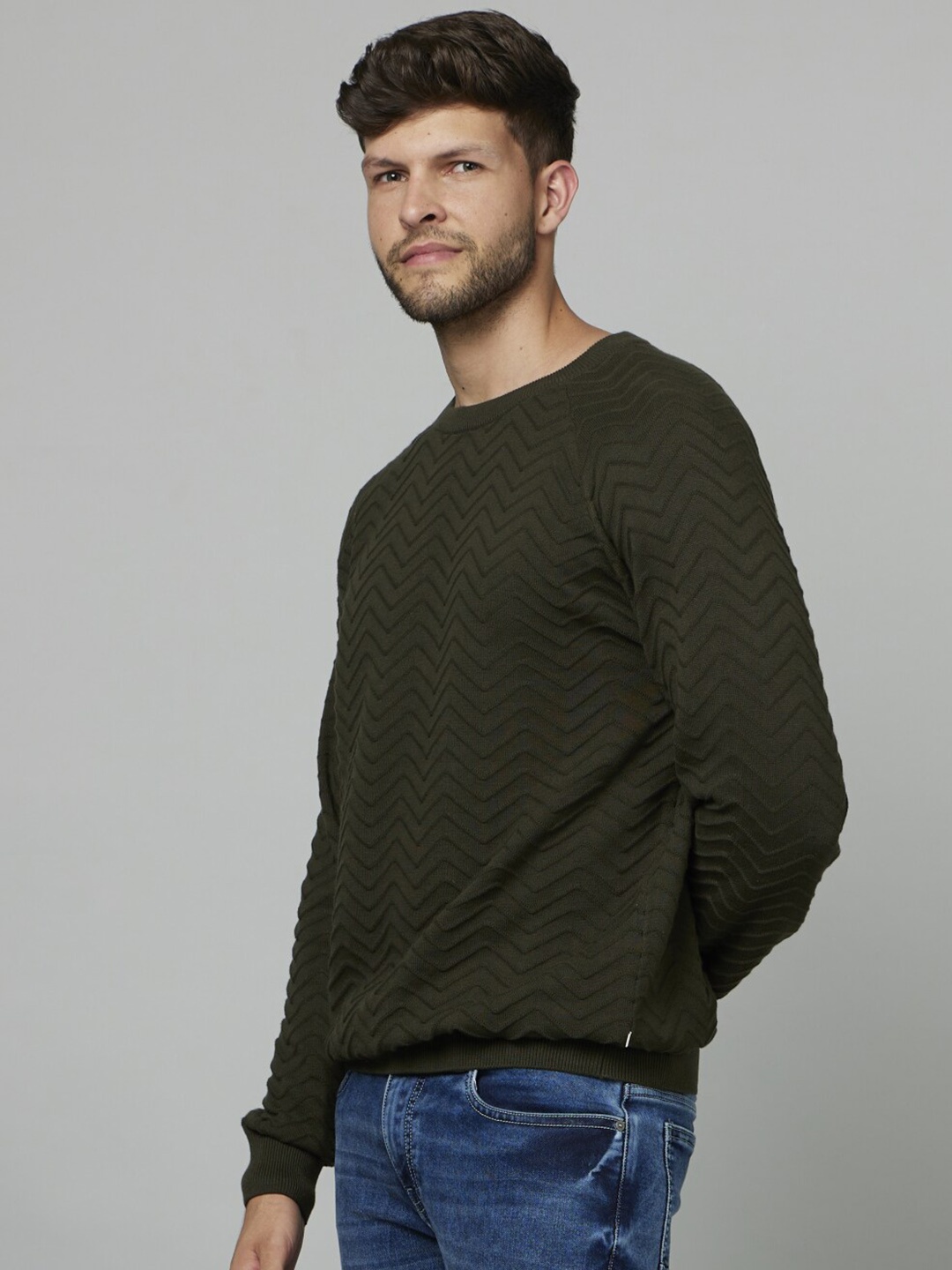 

Celio Self Design Cotton Pullover Sweater, Olive