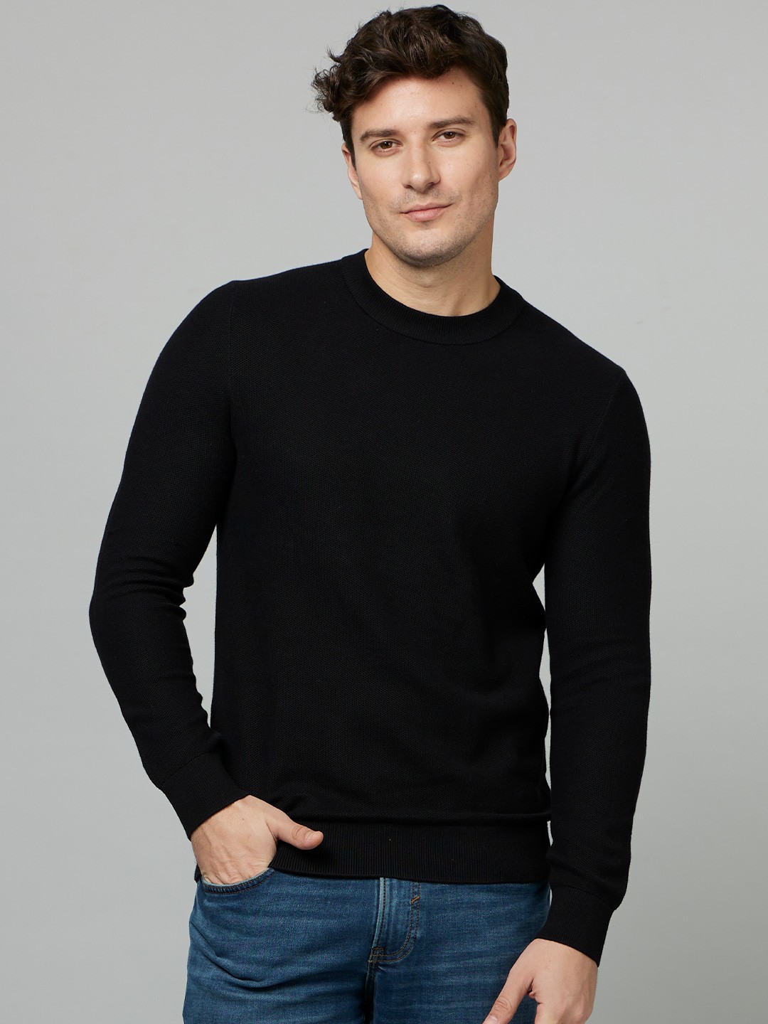 

Celio Round Neck Long Sleeve Cotton Pullover, Black