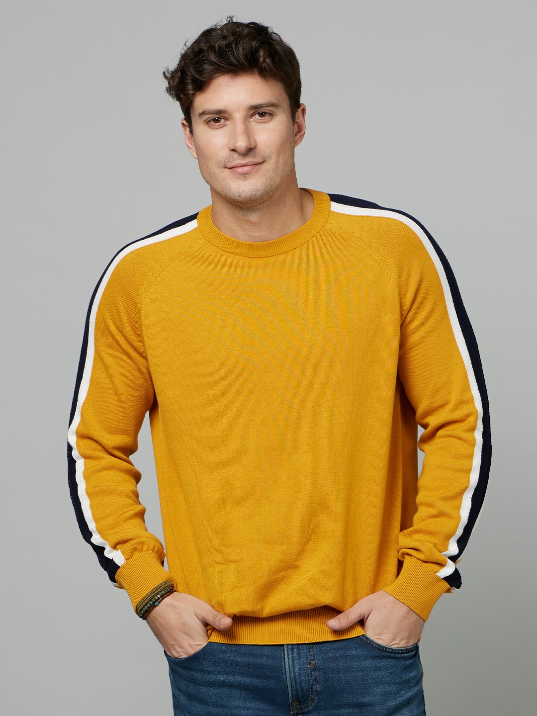 

Celio Round Neck Striped Detail Cotton Pullover, Yellow