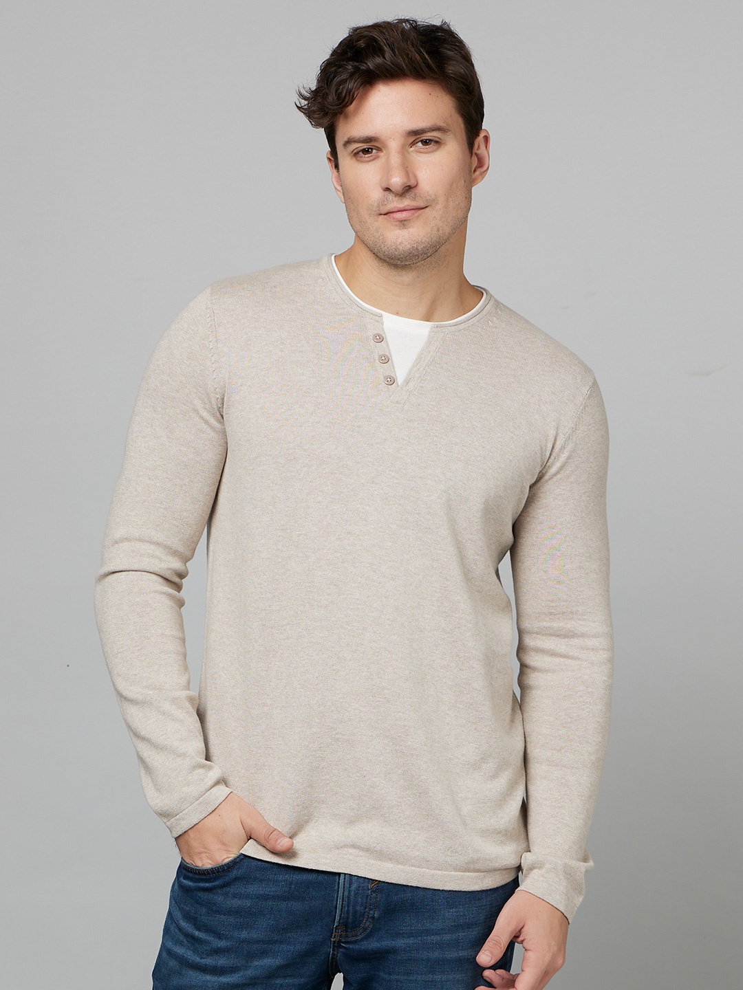 

Celio Henley Neck Long Sleeves Cotton T-Shirt, Beige