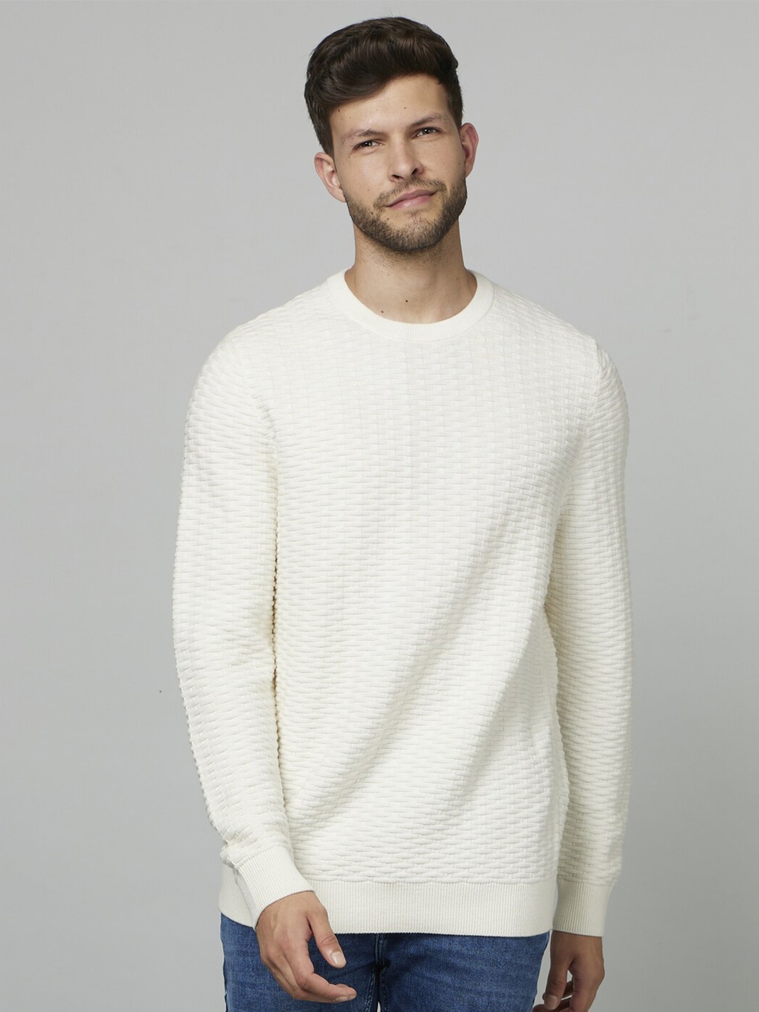 

Celio Self Design Round Neck Cotton Pullover, White