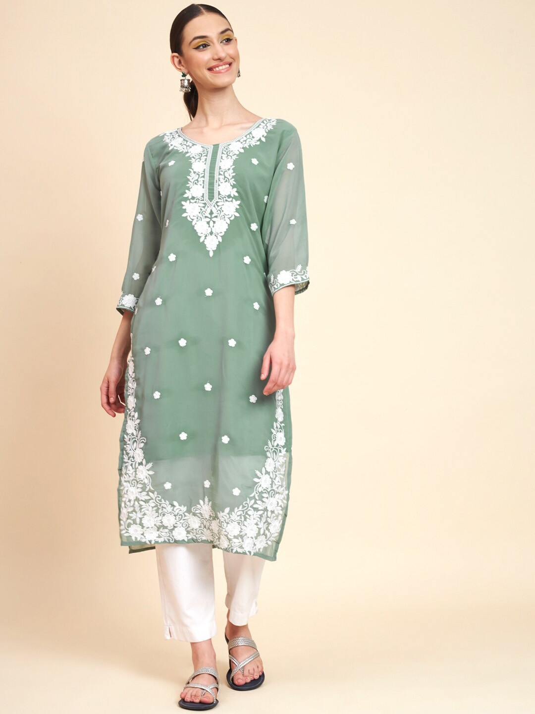 

VAIRAGEE Floral Embroidered Thread Work Georgette Kurta, Olive