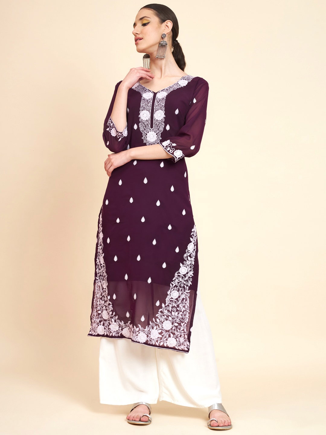 VAIRAGEE Floral Embroidered Georgette A-Line Kurta, Purple
