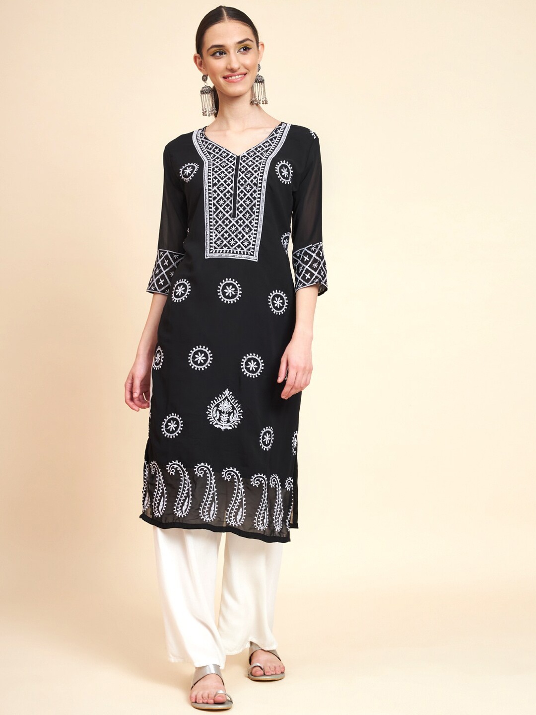 

VAIRAGEE Ethnic Motifs Embroidered Georgette A-Line Kurta, Black