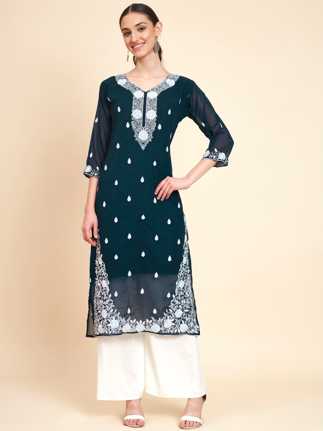 

VAIRAGEE Floral Embroidered Georgette A-Line Kurta, Teal