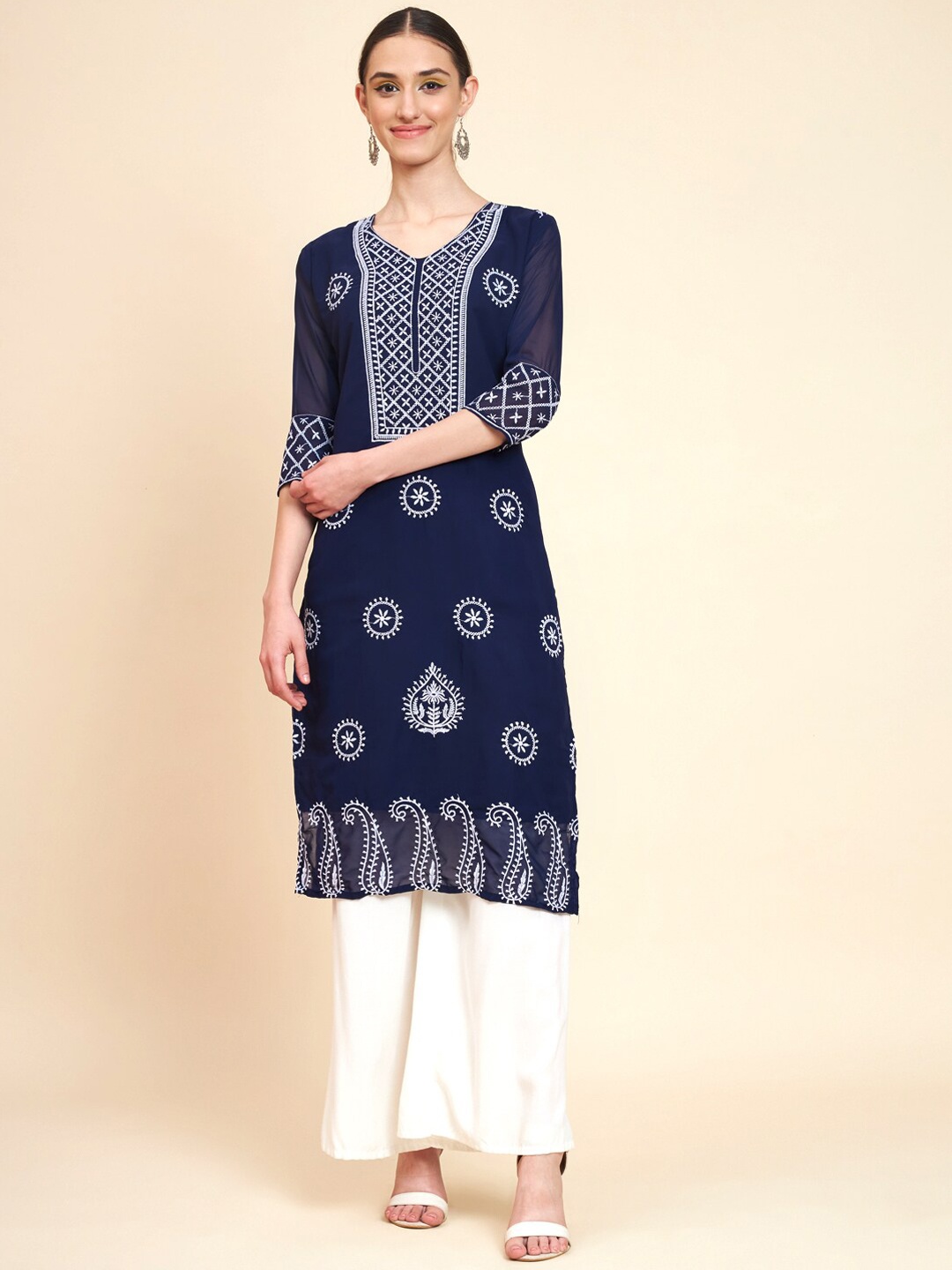 VAIRAGEE Ethnic Motifs Embroidered Thread Work Georgette Kurta, Navy blue