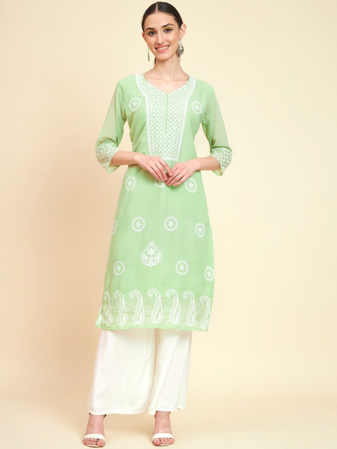 

VAIRAGEE Ethnic Motifs Embroidered Georgette A-Line Kurta, Lime green