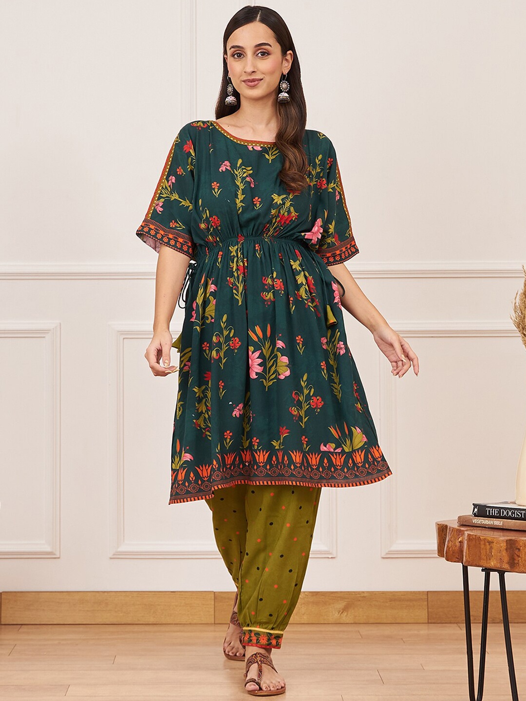 

Rustorange Floral Printed Kaftan Kurta With Salwar, Green